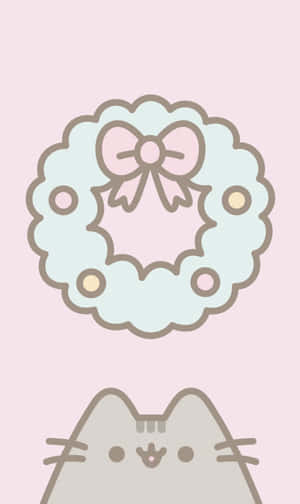 Pusheen Kawaii With A Christmas Wreath Wallpaper