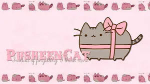 Pusheen Kawaii With A Pink Bow Wallpaper