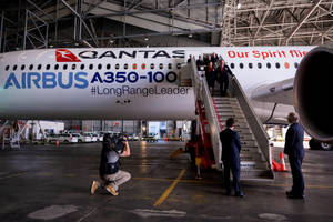 Qantas Airways Executives Posing In Front Of Airbus A350 Wallpaper