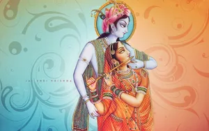Radha Krishna 3d Blue And Orange Background Wallpaper