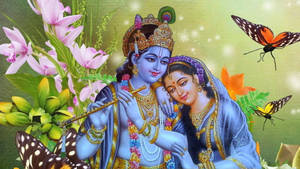 Radha Krishna 3d Butterflies And Flowers Wallpaper