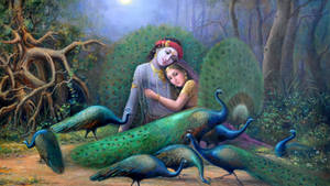 Radha Krishna 3d Family Of Peacocks Wallpaper