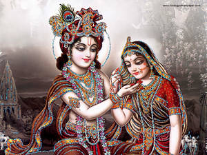 Radha Krishna 3d In Brown Garments Wallpaper