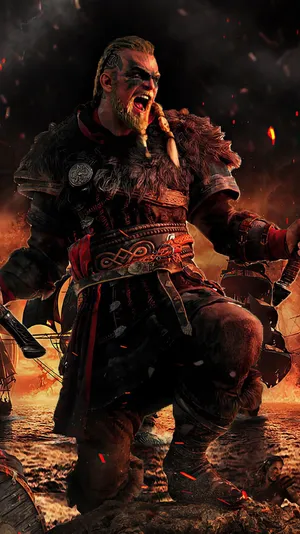 Ragnar Lothbrok In Flames - Infused With Assassin's Creed Valhalla Aesthetic 4k Wallpaper
