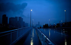 Raining Neon Blue Aesthetic City Road Wallpaper