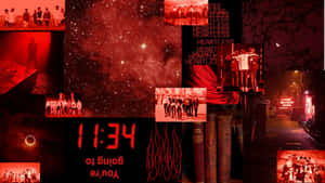 Red Aesthetic Laptop Fireworks Clock Wallpaper