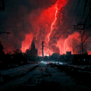 Red Lightning Bolt Over City Wallpaper