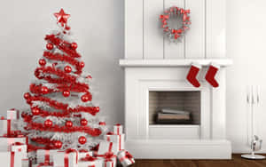 Red Ornaments White Christmas Tree Wallpaper