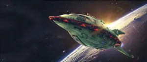 Relevant Keywords: Spaceship, Outer Space, Green, Futuristic, Galaxies, Voyage, Aerodynamic, Intergalactic. Wallpaper