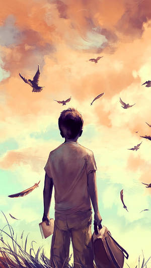 Relieving Sad Boy Cartoon Staring At Sunset Sky Wallpaper