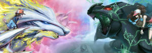 Reshiram Battling Zekrom With Trainers Wallpaper