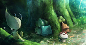 Resting Bulbasaur And Pokemon In Nature Wallpaper