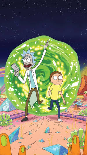 Rick And Morty Come Out Of A Portal Together Wallpaper