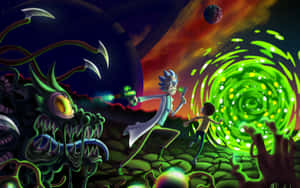 Rick And Morty Macbook Fighting Alien Green Portal Wallpaper