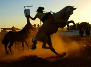 Rodeo Cowboy Rearing Up A Horse Wallpaper