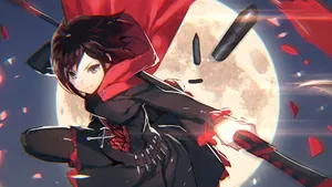 Ruby Rose Mid-action In The Anime Series Rwby Wallpaper