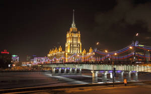 Russia Hotel Ukraina Night Scape Wallpaper