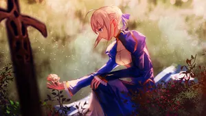 Saber Fate Stay Night Holding Flower Wallpaper