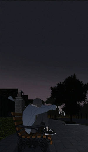 Sad Boy Cartoon Slouching On Bench Wallpaper