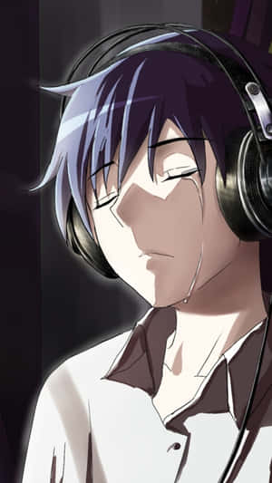 Sad Crying Anime Guy Listening To Music Wallpaper