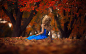 Sad Girl In Blue Dress Autumn Wallpaper