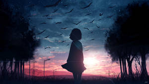 Sad Girl Sunrise And Birds Wallpaper