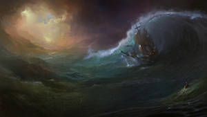 Sailing Ship In Tsunami Wallpaper