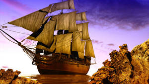 Sailing Ship On Rocks Wallpaper