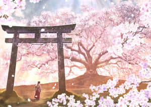 Sakura Blossom Shrine Anime Art Wallpaper