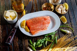 Salmon On Plate With Spices And Lemon Wallpaper
