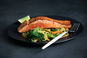 Salmon With Sliced Vegetables And Fork Wallpaper