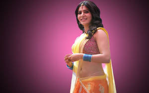 Samantha Saree Pink Background Wallpaper