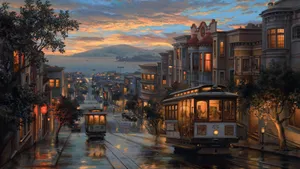 San Francisco Cable Cars Sunset Glow Wallpaper