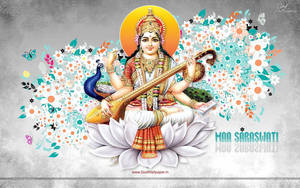 Saraswati Mata With Flowers Art Wallpaper