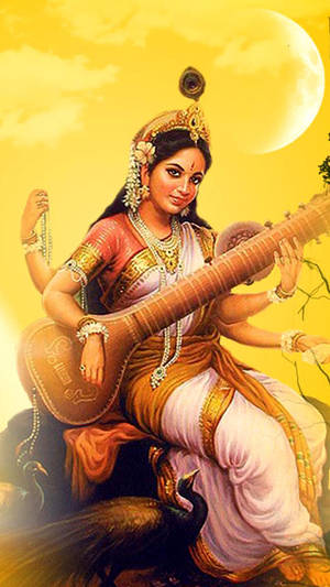 Saraswati Mata With Peacock Wallpaper