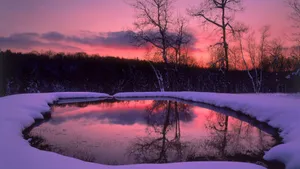 Scenic Desktop Pink Sky Over Lake In Winter Wallpaper