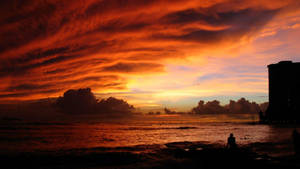 Scenic Ocean Sunset Red Clouds Wallpaper