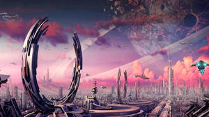 Sci-fi Landscape With Travel Gates Wallpaper