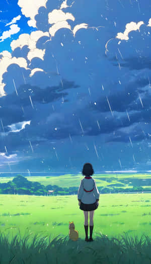 Serene Rainy Countryside With Anime Girl And Cat Wallpaper