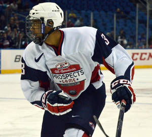 Seth Jones From Elite Prospects Looking To The Right During Hockey Game Wallpaper