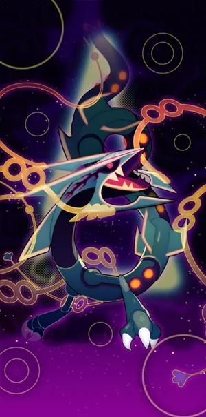 Shiny Rayquaza Slinks Through A Purple Smoke-filled Sky Wallpaper