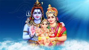 Shiv Parivar In Blue With Clouds Wallpaper