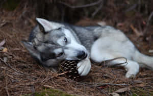 Siberian Husky Playing With A Pine Cone Wallpaper