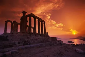 Silhouette Of The Temple Of Poseidon Wallpaper
