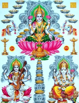 Sky Blue Laxmi Ganesh Saraswati Art Wallpaper