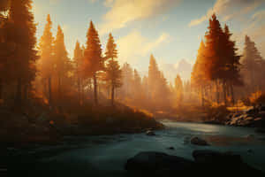 Skyrim Landscape River And Trees Wallpaper