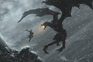 Skyrim Warrior And Dragon Battle Wallpaper