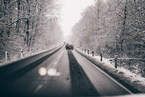 Snowy Road Along Nordic Forest Wallpaper