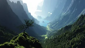 Soaring Peaks With A Stunning Valley-river View Wallpaper