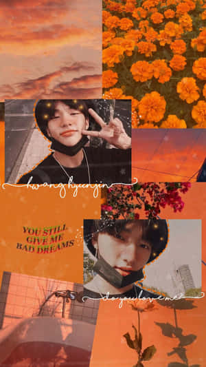 South Korean Singer Hyunjin Orange Aesthetic Collage Wallpaper